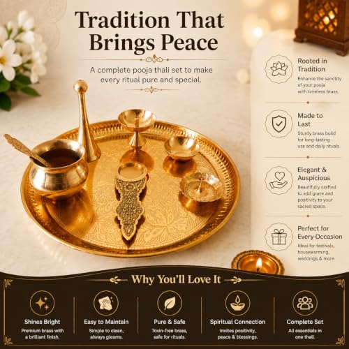 Image of Traditional Pure Brass Pooja Thali Set 7 Pieces with Diya, Bell, Kalash, Katori & Incense Holder | Handcrafted Brass Aarti Thali for Home Mandir, Temple, Diwali, Navratri & Gifts (10 Inch)