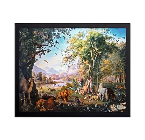 Poster Master Adam and Eve in the Garden of Eden Poster - Garden of Eden Painting Print - Mythology Art - Classic Fine Art - Jungle Animals Art - Office or Living Room Decor, 8x10 Black Framed