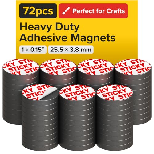 Image of Strong Ceramic Round Magnets With Adhesive Backing (1x0.15 inch /25x4mm, 72 pcs) - Heavy Duty Sticky Magnets, Non-Corrosive, Versatile For Home, Office, Workshop, Whiteboard, Fridge And Hobby Use