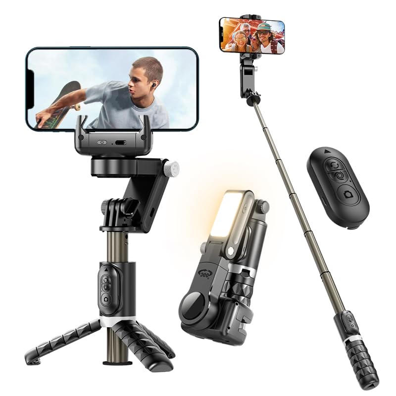 Opiniones de Estabilizadores - los preferidos. 42 KEELEAD Estabilizador para Selfies de Celular,2-Ejes Estabilizador con Luz de Relleno Rotación Automática de 360°,Trípode con Control Remoto inalámbrico y configuración a...