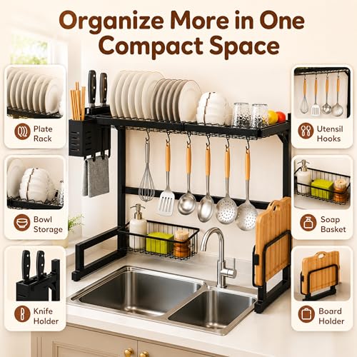 Image of Homero Adjustable Over Sink Dish Drying Rack | Multipurpose Kitchen Sink Organizer with Plate Holder, Cup Stand, Knife Holder & Hooks | Heavy-Duty Rustproof Dish Drainer for Kitchen Counter Storage