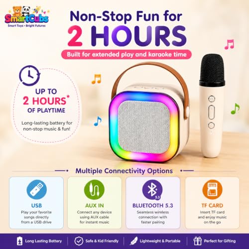 Image of Karaoke Speaker with Wireless Mic for Kids & Adults | Beige Bluetooth Karaoke Machine with RGB LED Lights, Rechargeable Portable Speaker, Stereo Sound | Birthday Gift for Girls & Boys