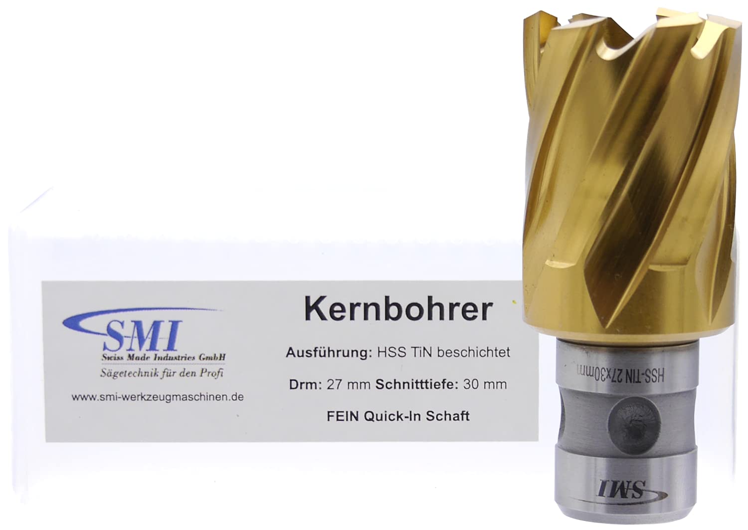 SMI HSS TiN Kernbohrer 27 mm Drm. Schnitttiefe 30 mm, Aufnahme FEIN Quick-In Schaft