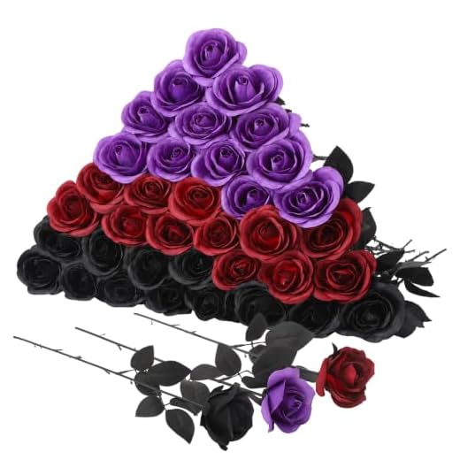 Hoemwarm 36 Pcs Black Purple Red Artificial Roses with Black Long Stems
