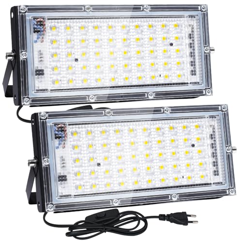 CREATESTAR Faretto LED da Esterno 50W,2 Pezzi Faro LED Esterno, 5000LM 6500K Luce Bianca Fredda, IP65 Impermeabile Faretti Led con Spina per Porte, Corridoio, Garage, Cortile e Giardino