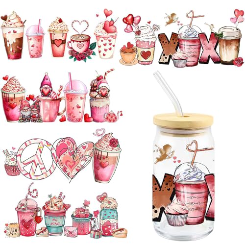 AUOCATTAIL Valentine's Day UV DTF Cup Wrap Romantic Theme Transfer Stickers for Glass 16oz, 5 Sheet Pink Series Rub on Transfers for Crafting Waterproof Libbey Glass Cups