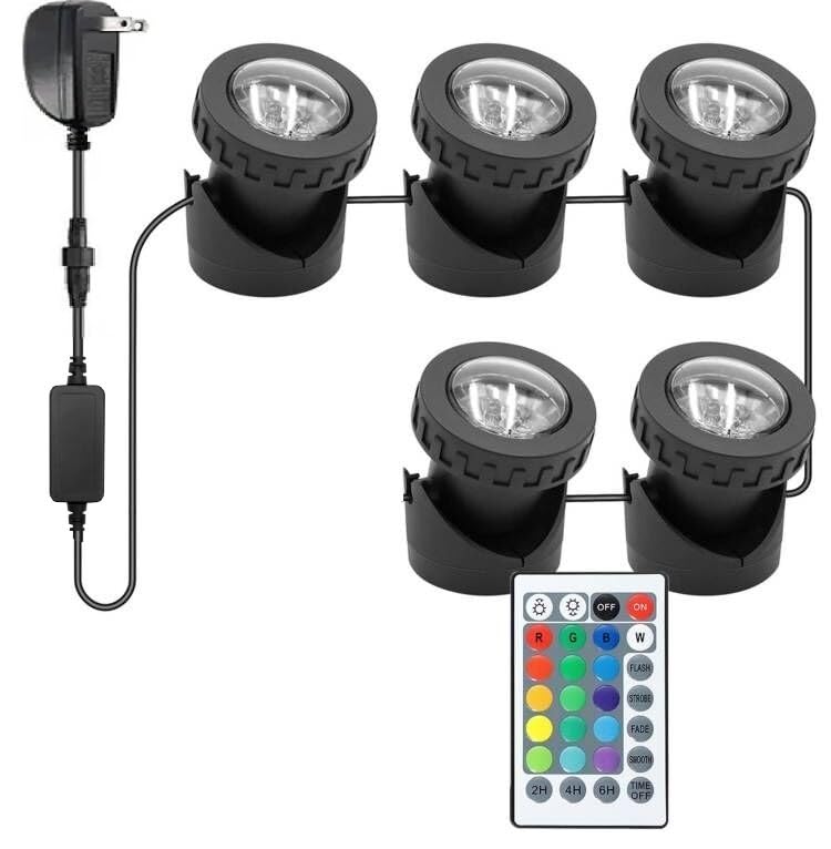 RGB Pond Lights with Timer, IP68 Waterproof Underwater Dimmable LED Fountain Lights for Outdoor Landscape Fish Tank Pond Fountain Waterfall Garden Lawn, 5 Lights