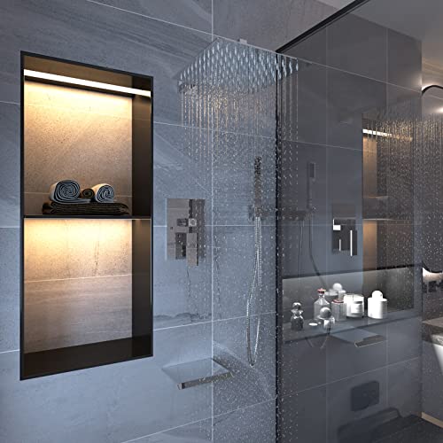 Bwe 12 Inch Chrome Shower System Faucet Waterfall Tub Complete With Chrome Spout Set Square Luxury Rain Mixer Pressure Balancing 3-Function Wall Mount Rainfall Rough-In Valve Body And Trim Included #TOP1