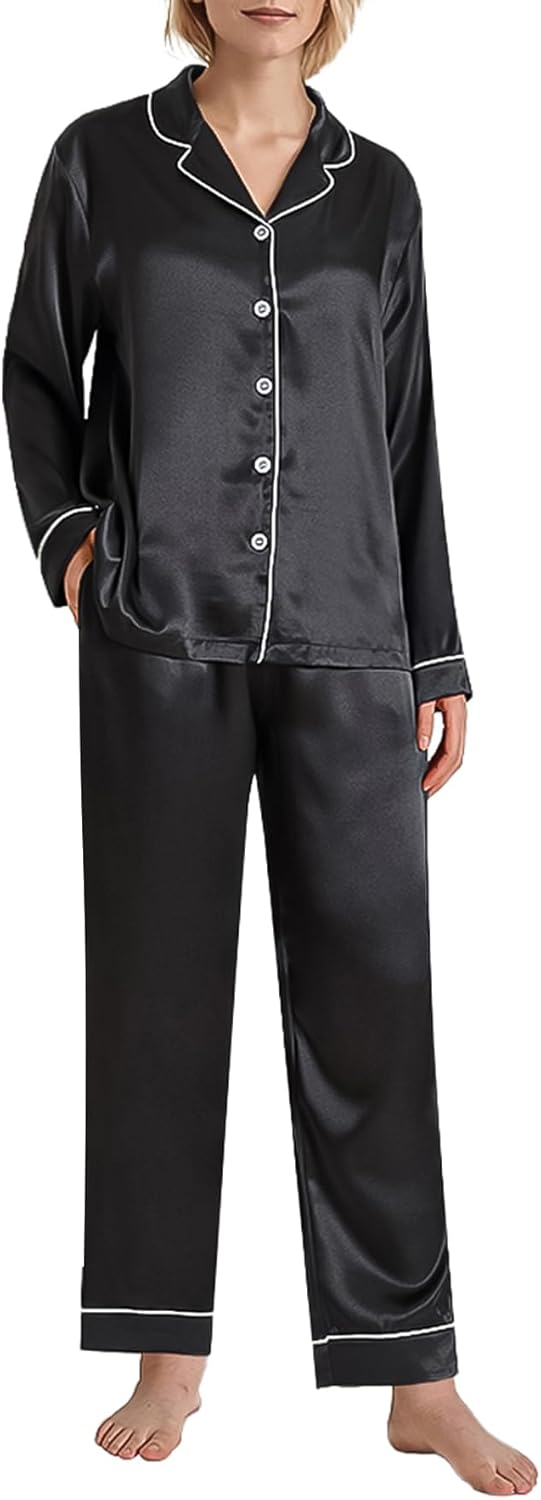 Latuza Women's Petite Satin Pajama Set Petite Size Long Sleeve Button Up Pajamas