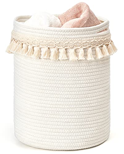 Image of Mkono Macrame Decorative Cotton Rope Basket Boho Nursery Decor Small Cute Woven Tassel Closet Storage Bins Organizer for Baby Toys,Magazines, Potted Plants Cover,Living Room,Bedroom, 15.7"x19.6"