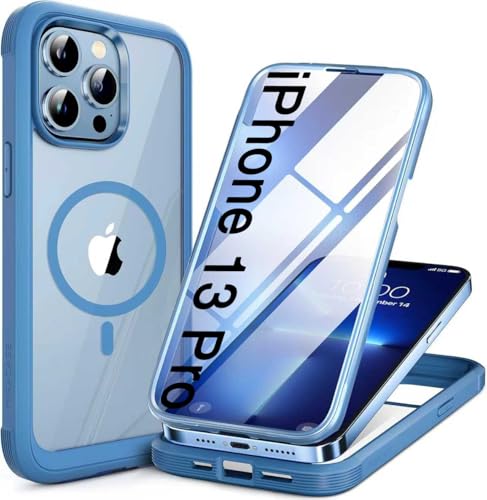 Image of Miracase for iPhone 13 Pro Case 6.1 inch,Full-Body Protection,Clear Bumper Case with Built-in 9H Tempered Glass Screen Protector,Military-Grade Drop Protection Outdoor Phone Case for iPhone 13 Pro,Blue