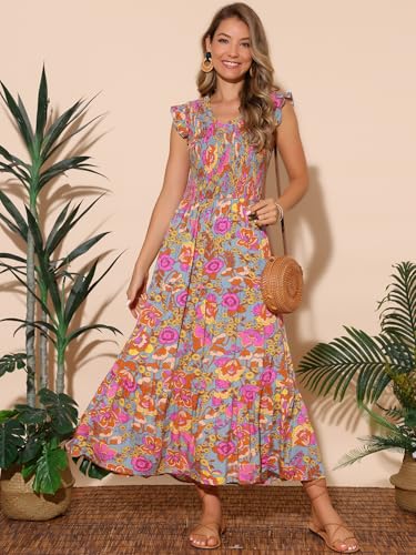 Image of Seta T Women's Summer Dresses Casual Ruffle Sleeveless V Neck Floral Sundress Flowy Smocked Beach Maxi Dress