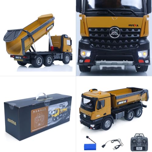 wheelfun US in Stock, HUINA 1/14 Electric RC Dump Truck 573 Remote Control Tipper Model Vehicle Flowing Water Light Sound Effect 2.4G Radio Battery Hobby Garde Truck Model for Ages 14+