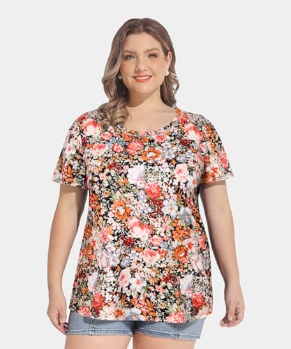 Image of CARCOS Plus Size Tops for Women Short Sleeve Shirt Summer Star /Leopard /Tie Dye /Flower Crewneck Pullover Tunic XL-5XL