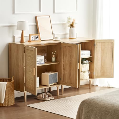 VEVOR Rattan Buffet Cabinet with Storage, 4 Magnetic Doors and Adjustable Shelves, Sideboard for Hallway, Living Room, Kitchen, Natural by VEVOR - Image 8