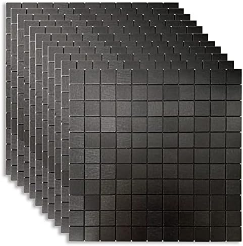 XUANINY Peel and Stick Backsplash Tiles, Brushed Aluminum Surface Metal Mosaic Sticker for Kitchen Wall (11.41"x11.41") (11, Black Brushed)
