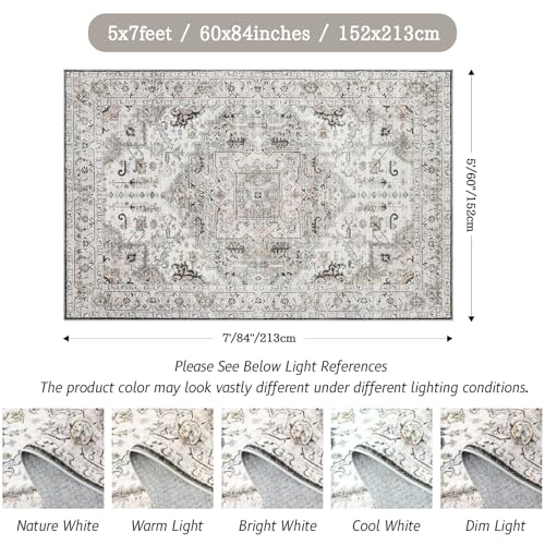 Madane 5x7 Area Rugs for Living Room, Stain Resistant Washable Rugs, Non-Slip Backing Area Rug, Vintage Home Decor Rug for Bedroom (Ivory/Brown, 5'x7')