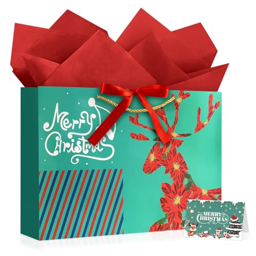 Image of JMANNI Christmas Gift Bags,1PCS Large christmas Gift Bag with Ribbon and 1 Greeting Card 2 Tissue Papers, Portable Paper Gift Bag with Handles, Reusable and Perfect For Your Xmas Presents （Green）