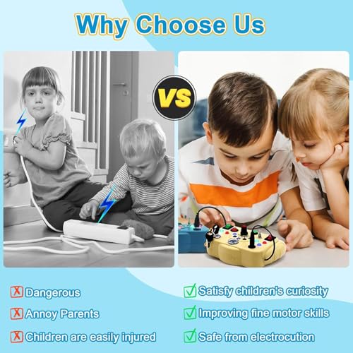 Image of SHINETOY Busy Board, Montessori Toys, LED Busy Board for Toddlers, Light up Sensory Toys with 8 Switches and 12 LED Lights, Gifts Toy for Babies Boys and Girls, Yellow