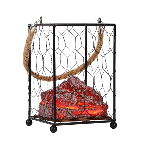 Lámpara portátil de hierro forjado con llama de carbón con luces LED integradas, farol de efecto chimenea alimentado por pilas para otoño, invierno, Halloween, Navidad, hogar, bar, cafetería