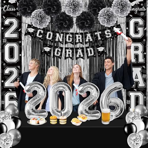 Image of Graduation Party Decorations Class 2026, Graduation Decorations with Congrats Grad Banner Fringe Foil Curtain Paper Flower Ball Balloons for High School College Graduation Party Supplies, Black Silver
