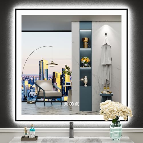 Image of 36x36 Black Framed LED Bathroom Mirror with Lights, Backlit and Front Lit Anti-Fog Lighted Vanity Mirror for Bathroom Wall, Dimmable, 3 Colors, Memory, Shatter-Proof, HD Tempered Glass, CRI 95