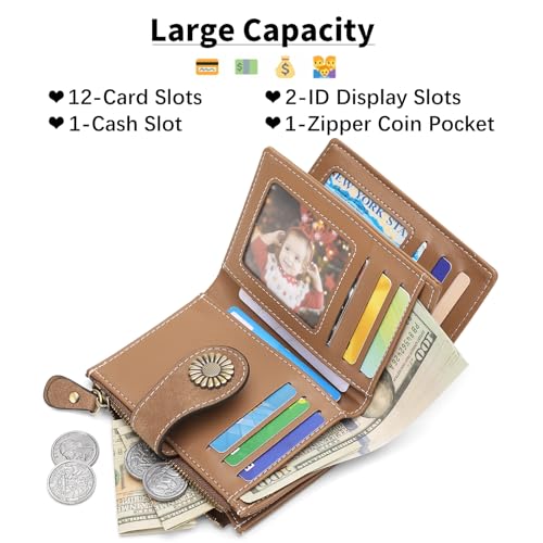 Image of SENDEFN Small Womens Wallet Leather Bifold Card Holder RFID Blocking with Zipper Coin Pocket