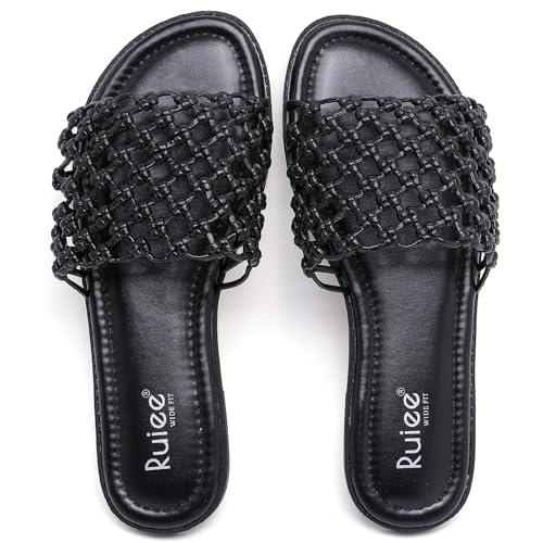 Ruiee Wide Width Sandals for Women, Summer Wide Feet Braided Flat Slides Casual Comfort Fashion Open Toe Slip on Breathable Cute Sandal. 250774 Black Size10.5