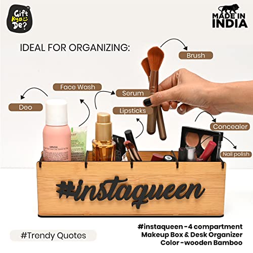 Image of GKD Makeup Box Desk Organizer for Girls makeup storage box & unique gifts for girls 4 compartment cosmetic organizer (Brush Nail polish Lipsticks)(Eco Friendly Plastic Free) (Insta Queen (Bamboo))