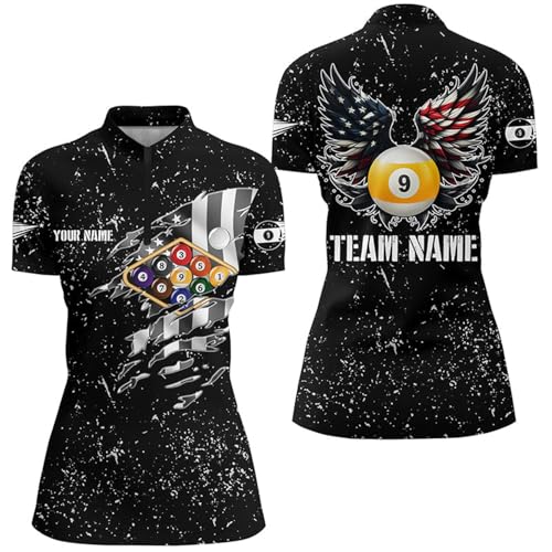 Personalized US Flag Billiard Balls 3D Quarter Zip Shirts for Women Custom 9 Ball Pool Wings Jerseys V1009