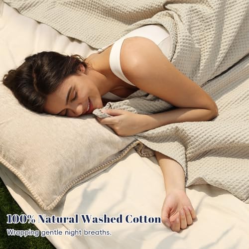 Image of PHF 100% Cotton Waffle Blanket Lightweight Breathable, Twin, Linen /Stone | Pre-washed Soft Cozy Summer Throw for Hot Sleepers, Textured Decorative Layer for Bed Couch Sofa Guest Room, Giftable