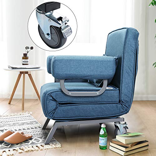 Convertible Sofa Bed Folding Arm Chair Sleeper Leisure Recliner Lounge Couch 6 Positions Adjustable Backrest (Blue) - Thumbnail 3