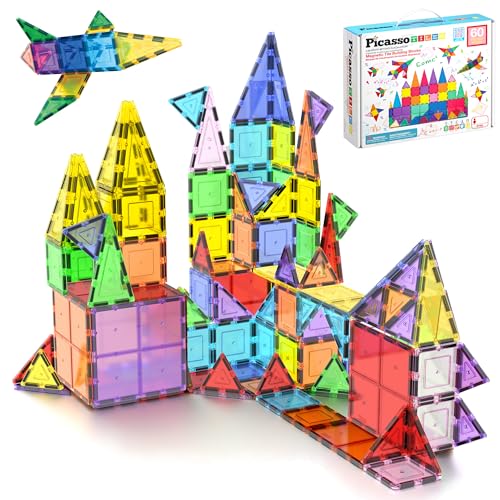 PicassoTiles 60 Piece Set 60pcs Magnet Building Tiles Clear Magnetic 3D Blocks Construction Playboards - Creativity Beyond Imagination, Inspirational, Recreational, Educational, Conventional