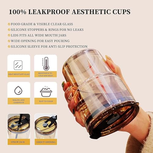 Image of Glass Coffee Cup with Straw & Lid, Anti Skid Leather Sleeve Grip Handle Tumbler Mug for Hot & Cold Beverages,Tea Coffee Smoothies Juice 400ML(Set of 1)