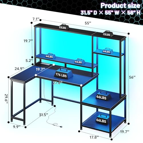 Image of DurayLoly Gaming Desk with LED Lights & Outlets,55 inch L Shaped Computer Desk with Shelves & Storage Hutch,Reversible Corner Gaming Table with Printer Space & Monitor Stand for Home Office,Black