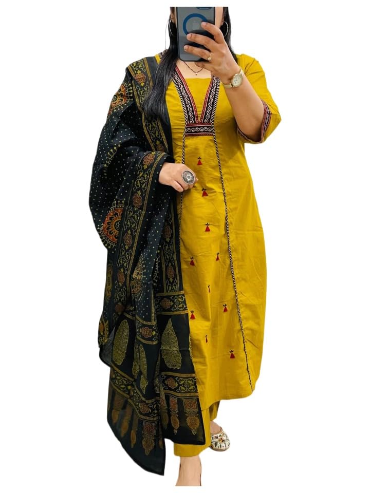 Image of ANNI Designer Navy Blue Pure Cotton A-Line Kurta Pant Dupatta Set for Women | Embroidery 3 Piece Suit with Straight Pants & Matching Dupatta | Festive Office Ethnic Wear