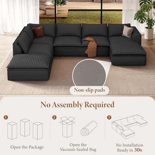 Image of Vesgantti 7 Seater U Shaped Boneless Cloud Couch with Chaise, Gray | Oversized Compressed Modular Sectional Couch with Ottoman, Deep Seat Sofa for Living Room, Pinstripe Corduroy, No Assembly