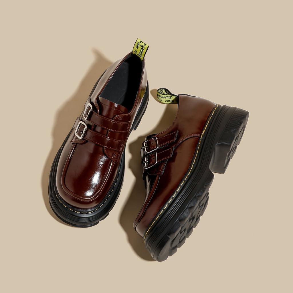 [SEINIES] モンクストラップ ダブルベルト ローファー レディース 4cmヒール 太ヒール 厚底 痛くない ラウンドトゥ 走