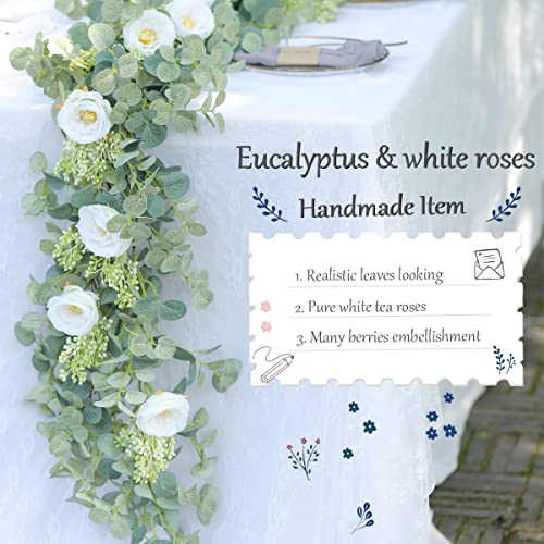 Party Joy 6.56Ft Eucalyptus Garland With Flowers-8 White Roses, Artificial Fake Flowers Greenery Garland Floral Vines For Decoration Party Wedding Table Indoor Outdoor Backdrop Wall Decor(White) #TOP1