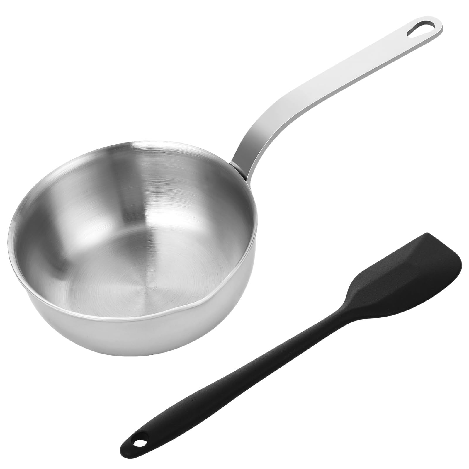 2 Stück Mini-Saucenpfanne und Silikonspatel-Set, 5-Zoll Edelstahl-Butterwärmer, Pfanne ohne Beschichtung, Eierpfanne mit Spatel, 304-Stahl kleiner Kochtopf für Einzelportion, für alle Herdarten