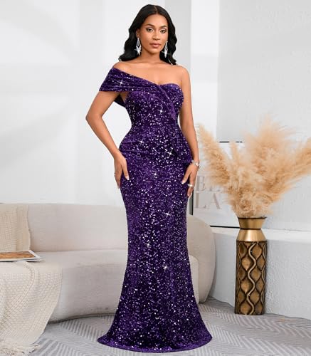 Image of Cololura Women Sexy Sequin One Shoulder Mermaid Formal Party Cocktail Gowns Bodycon Evening Maxi Dress