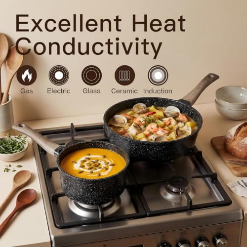 Image of USELUCK 22-Piece Ceramic Cookware Set with Utensils, Pots and Pans Set | PFAS-Free Non-Toxic Healthy Cooking Set, Even Heating, Easy to Clean, Induction Compatible, Black