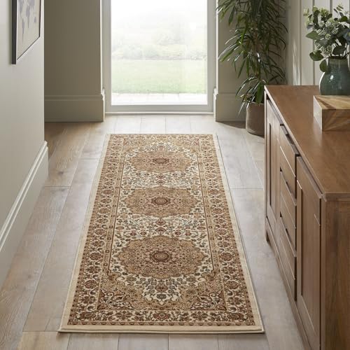 Image of Lord of Rugs Grand Heritage GH101 Traditional Rug Medallion Bordered Classic Million Point Detail Rug Perfect for Living Room, Dining Room Cream Beige, Runner 240x80cm (2'7"x7'11")