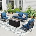 Sophia & William Patio Furniture Sets with 45" Gas Fire Pit Table Outdoor Metal Conversation Sets for 5, 2 x Swivel Cushioned Patio Sofa Chairs, 1 x 3-Seat Sofa 4 Pieces for Lawn Backyard Peacock Blue