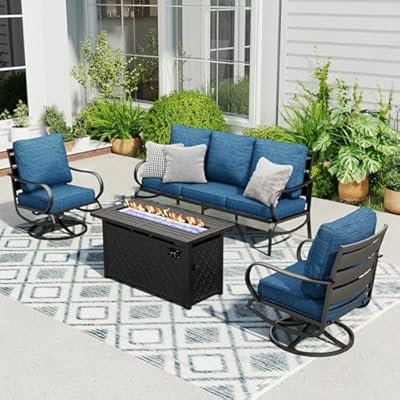 Sophia & William Patio Furniture Sets with 45" Gas Fire Pit Table Outdoor Metal Conversation Sets for 5, 2 x Swivel Cushioned Patio Sofa Chairs, 1 x 3-Seat Sofa 4 Pieces for Lawn Backyard Peacock Blue