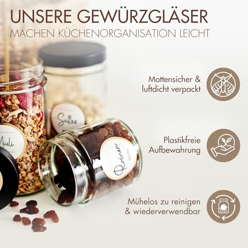 Foto von MOYO Gewürzgläser mit Etiketten I 12er Set I hochwertige Gewürze Aufbewahrung 154ml I luftdichtes Gewürzdosen Set I Gewürzaufbewahrung mit Deckel in schwarz I Gewürz Set zur Küchenorganisation