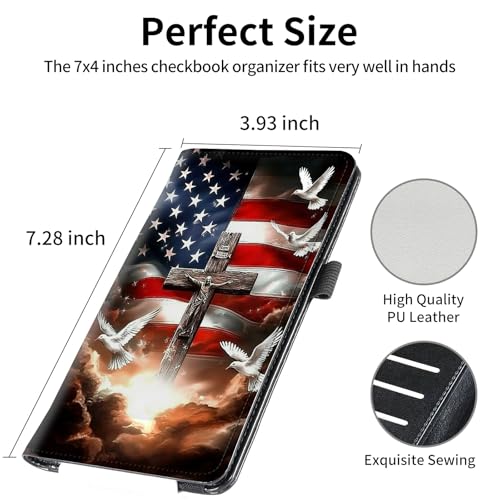 Image of FUYOCWE Checkbook Covers for Personal Checkbook,Leather Checkbook Cover for Business /Personal Checks,RFID Blocking Check Book Cover Holder Wallets for Men Women-American Flag with Cross Dove