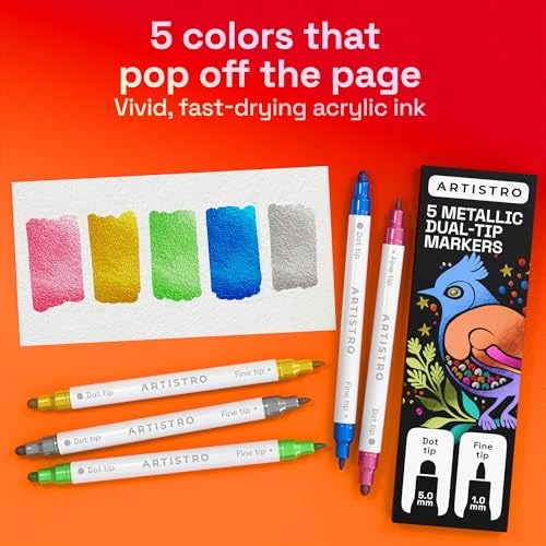 Image of ARTISTRO 5 Metallic Dual-Tip Acrylic Paint Markers - Paint Pens Set with Dot & Fine Tips for Fabric, Rock, Glass, Wood, Coloring Books - Arts & Crafts Gift - Classroom Must Haves & School Supplies