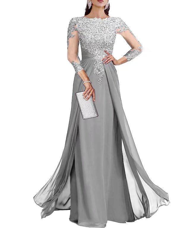 Mother of The Bride Dress for Wedding Chiffon A-Line Formal Evening Gowns with Sleeve BOF160