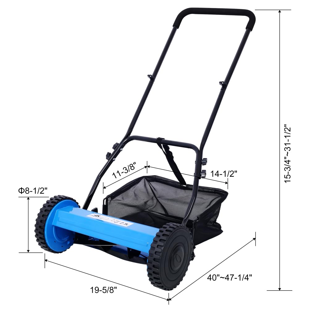 Cortacésped manual, cortacésped manual con carrete de 5 cuchillas de 14 pulgadas, altura ajustable de 0.6 a 1.8 pulgadas, cuchillas de acero de aleación tratadas térmicamente, cortador de